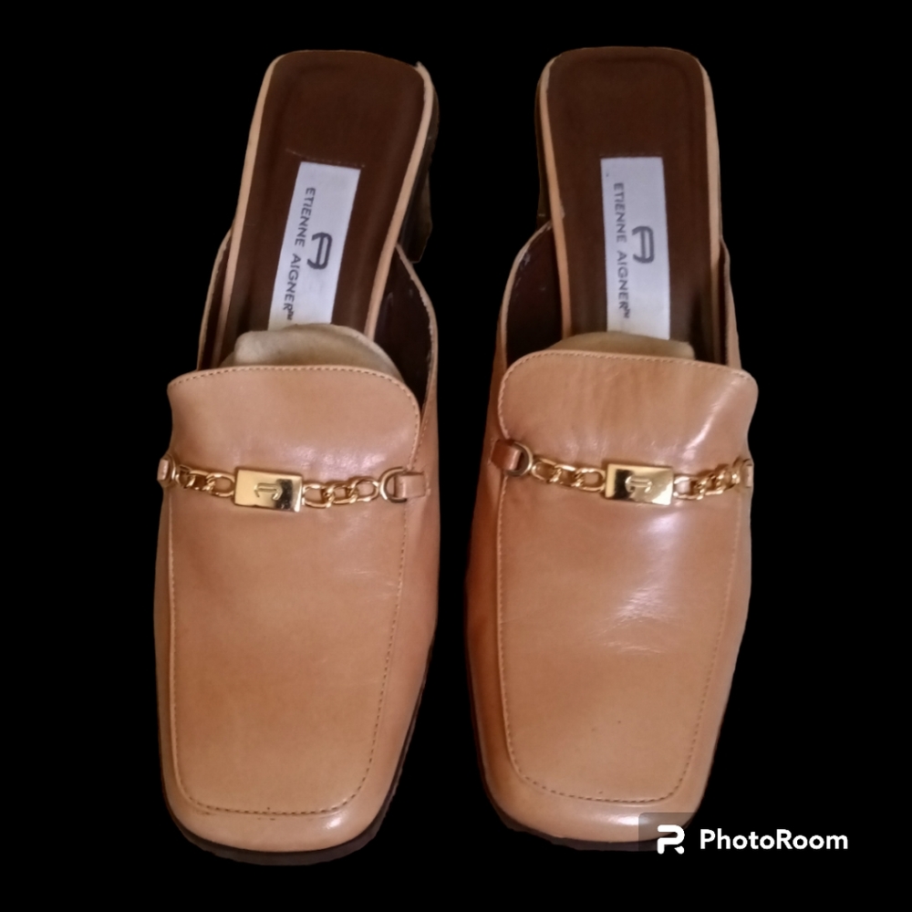 Etienne Aigner Camel Brown Leather Mules